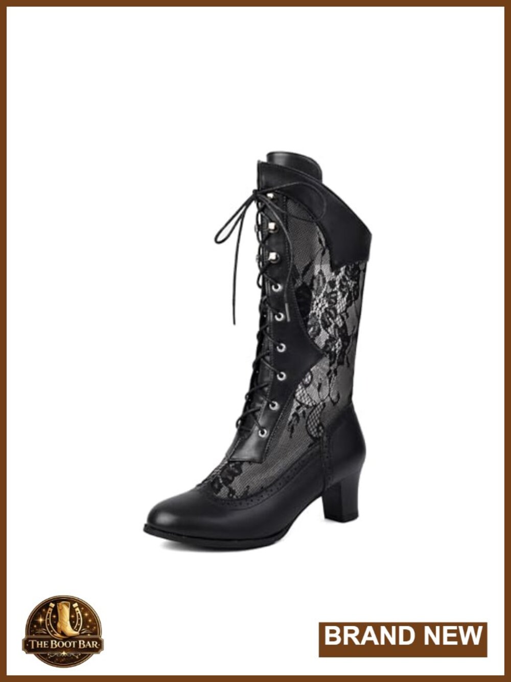 Goth Victorian Mid-Calf Boots Faux Leather Lace Up Chunky Heel Cosplay